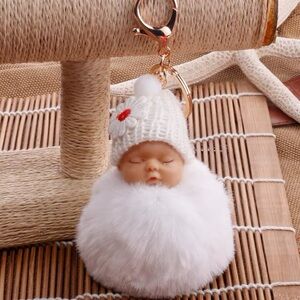 Sweet, Soft, Cute, White Fluffy Pom Pom Sleeping Baby Bag Charm/Keychain
